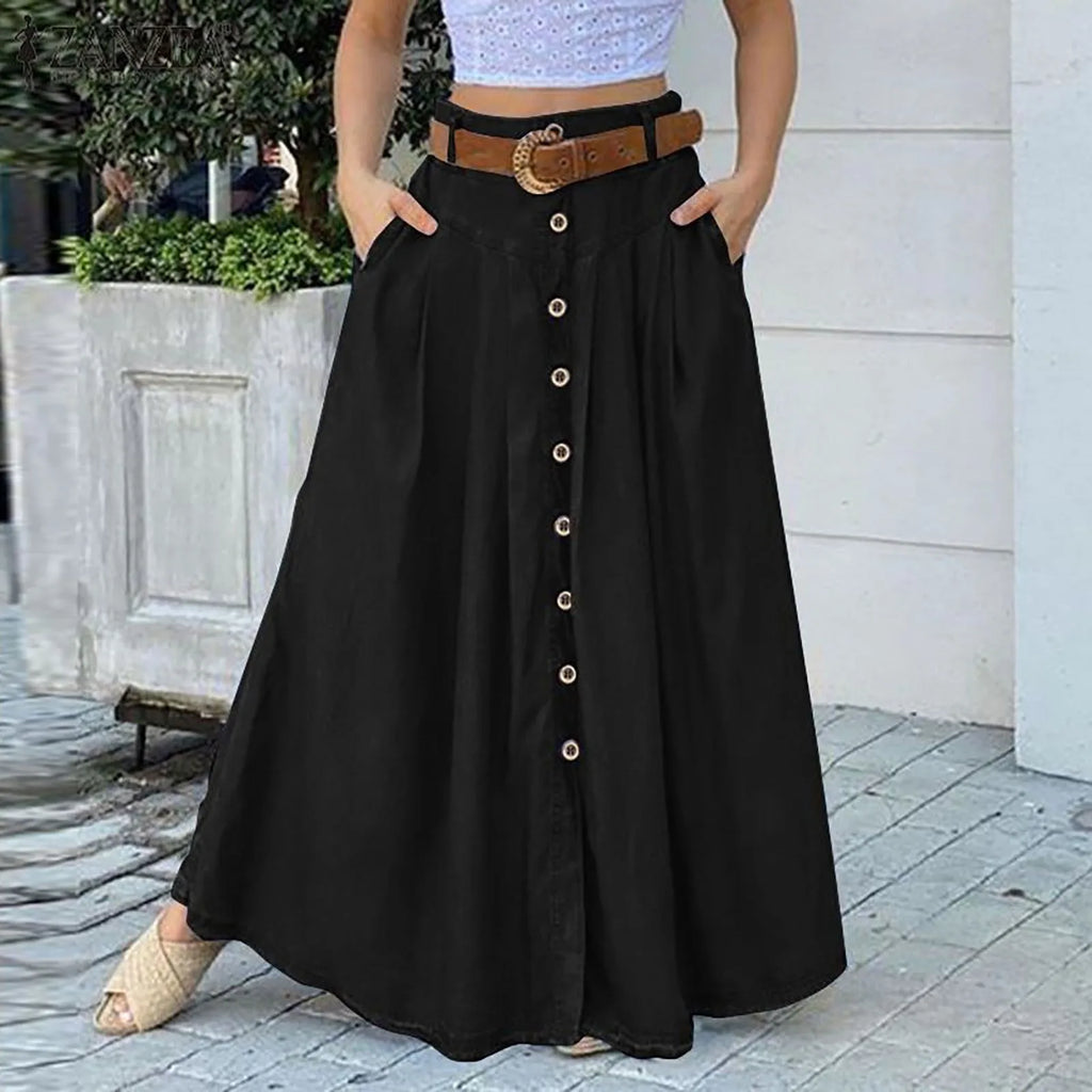 Bed Skirt Full Women's Spring And Summer Casual Loose Solid Color A Line High Waist Skirt With Pocket Buttons Colorful Skirt