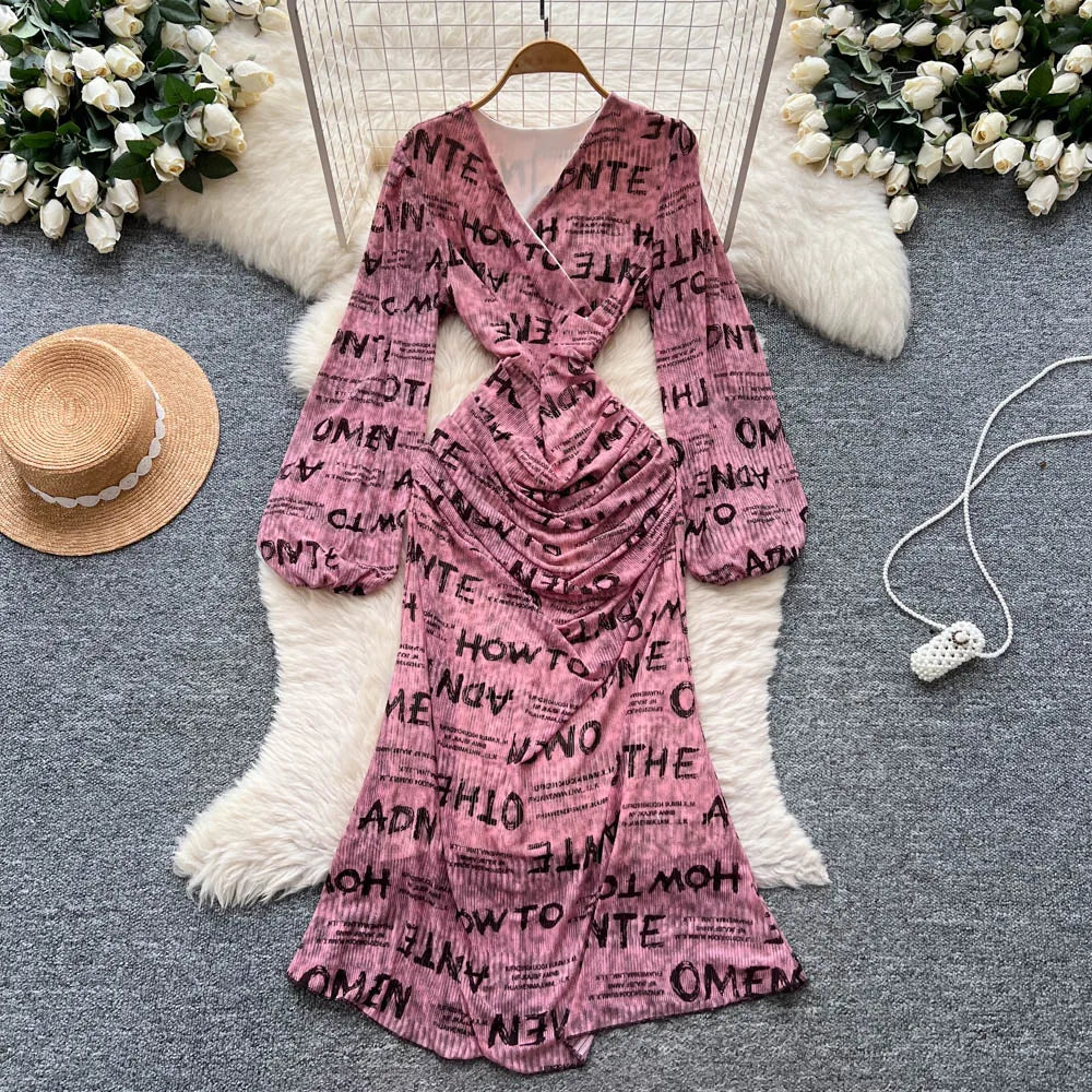 Chic vintage long sleeve Criss-Cross print pleated Elegant Fairy korean fashion dress women clothing Long dress