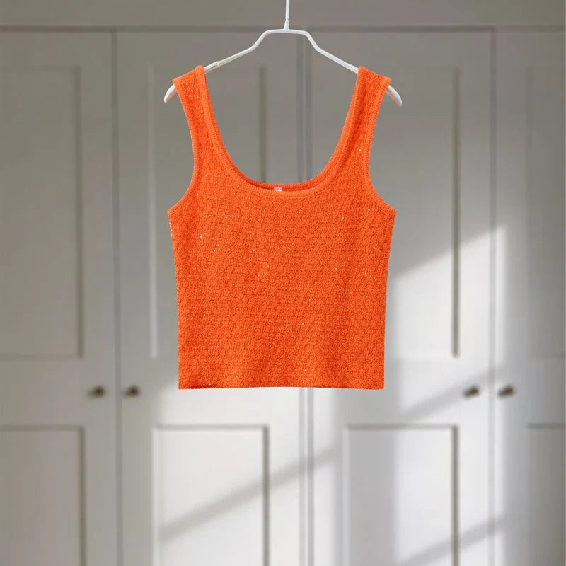 Elegant Sequined Orange Cardigans Women Y2k O-neck Short Sleeve One Button Female Tops 2025 Street Summer Lady Chic Knitwear