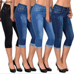2025 Women's Summer Skinny Denim Pants Jeans Mid Waist Stretch Capri Pants Knee Length Trousers Black Blue Ladies Pencil Pants