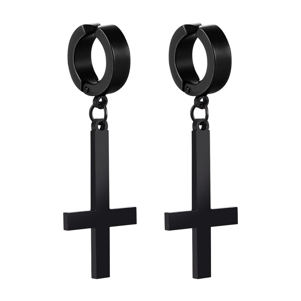 BONISKISS Men Women Stainless Steel Inverted Upside Down Cross Earring Church of Satan Temple Occult Satanic Witchy Stud Jewelry