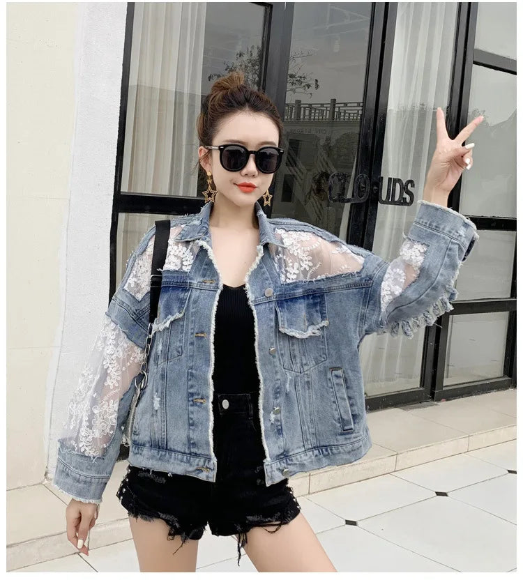 Cotton Denim Coat Women Lace Spring Autumn Ropa Cardigan Jeans Maxi Punk Gothic Bomber Jacket Windbreaker Y2k Jackets Korean