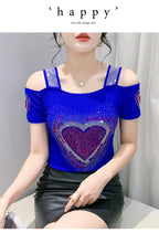 Aoxison Summer Short Sleeved Women's T-Shirt Elegant Slim Shiny Love Heart Diamonds Mesh Tops Chic Girl Sexy Off Shoulder Tees