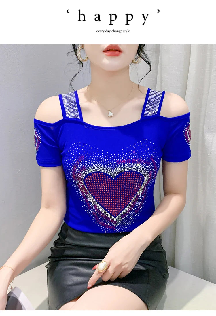 Aoxison Summer Short Sleeved Women's T-Shirt Elegant Slim Shiny Love Heart Diamonds Mesh Tops Chic Girl Sexy Off Shoulder Tees