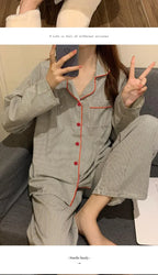 2PCS/Set Women's Long Sleeve Loose Breathable Student Sleepwear Loungewear Cardigan Gray Striped Girl Fashion Pajamas Homewear
