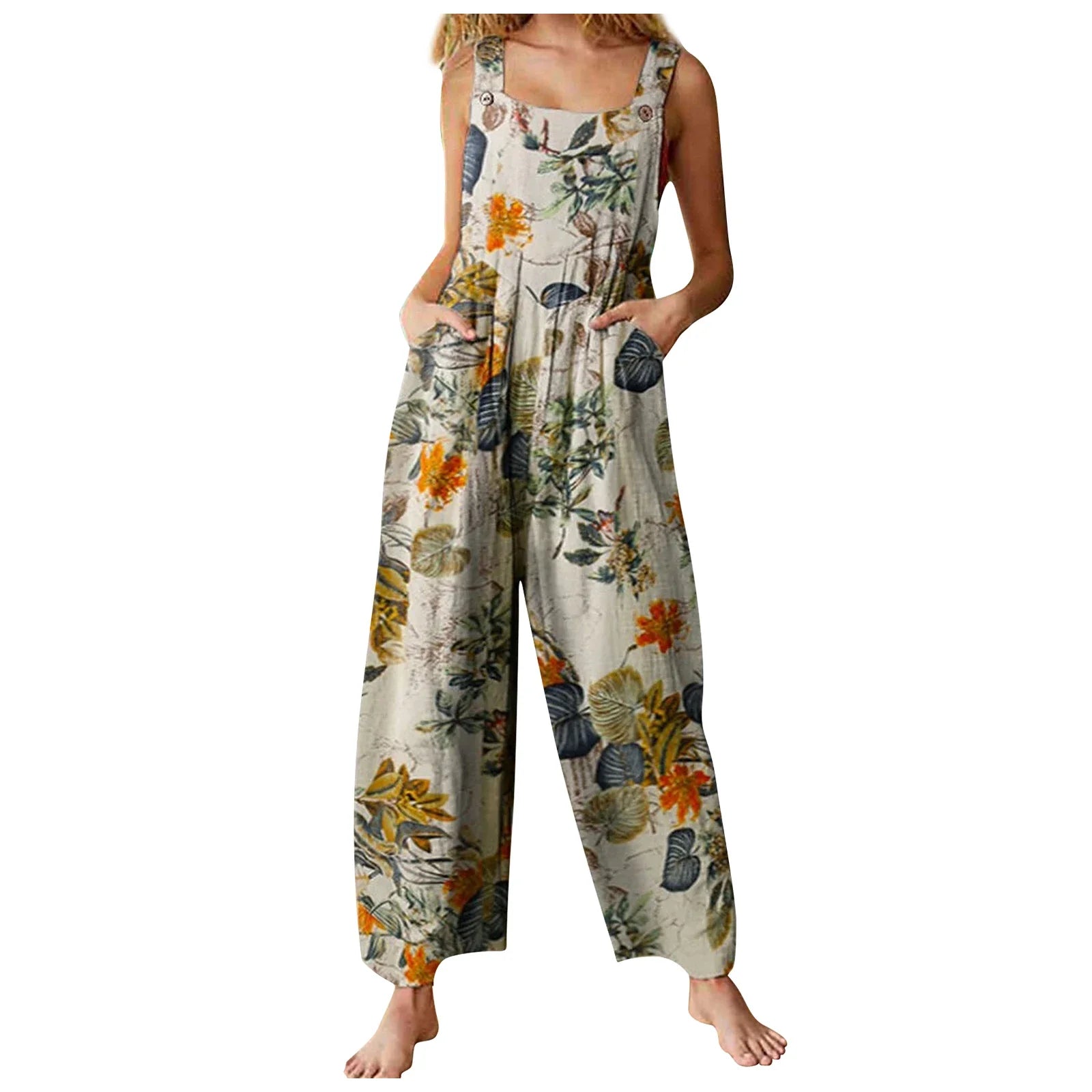 5XL Women Jumpsuit Vintage Leaf Floral Print Square Neck Sleeveless Rompers Overalls with Pockets Y2k Harajuku Streetwear