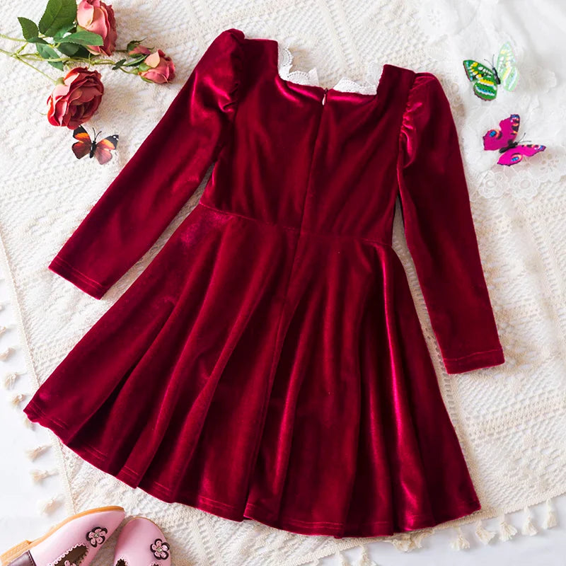 2025 Red Christmas Dress for Baby Girls Winter Long Sleeve Mesh Dresses for 3-8Yrs Kid Star Sequin Birthday Party Princess Dress