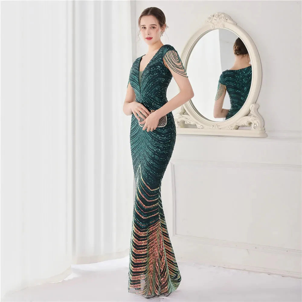 DEERVEADO Elegant V Neck Mermaid Evening Dress Long Luxury Beads Women Evening Party Dresses 2025 New Formal Dress 19085