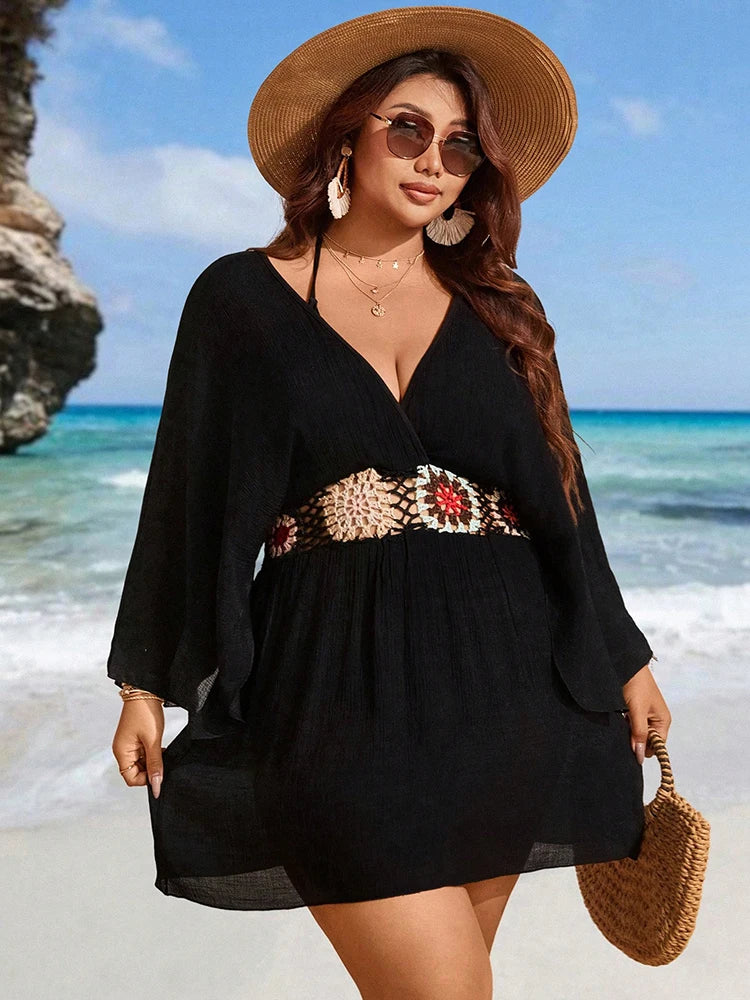 Bohemian Wind Plus Size Crochet Black CoverUp Mini Dress Sexy Hollow Tunic Beach Dress Bathing Suit Beachwear Cover Up Beachwear