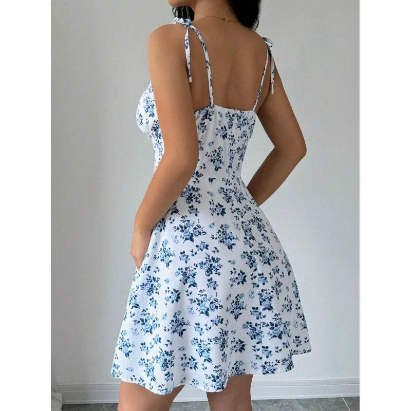 2025 new vacation style short summer French vacation temperament floral suspender dress short skirt women's clothing
