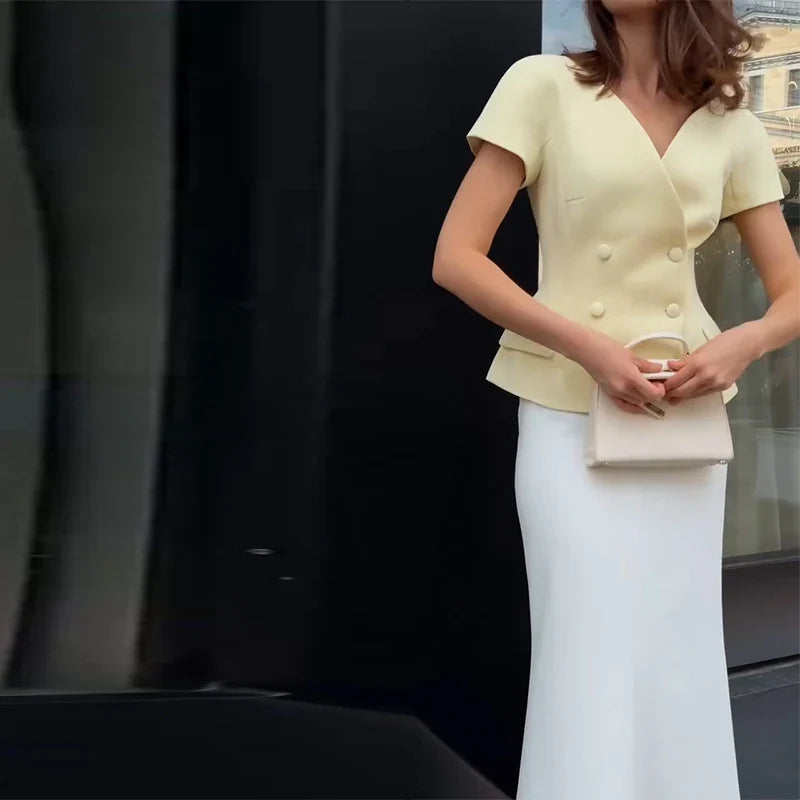 Elegant Short Sleeve Women's Top 2025 Summer Fashion V-neck Button Slim Office Lady Commuting Tops Street Solid Female Shirt