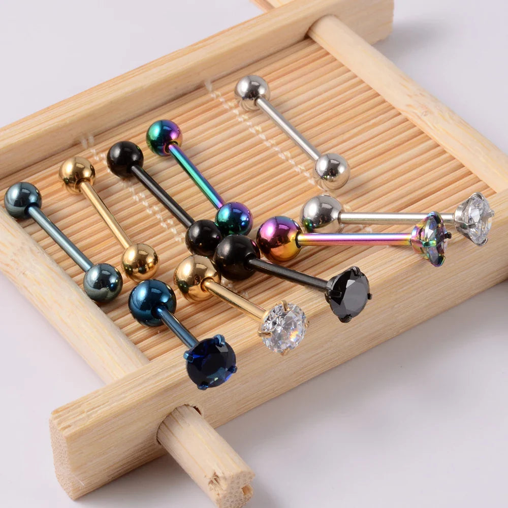 2PCS Anti-Allergy Surgical Steel  Prong Zircon Tongue Barbell Piercings Ball Tongue Barbell Rings Fashion Piercing Jewelry