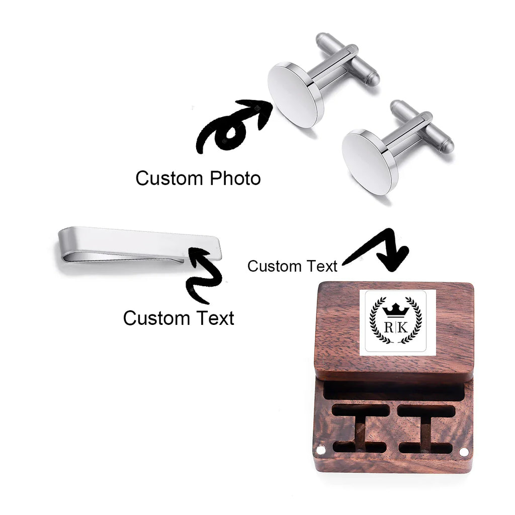 Custom Engraved Round Cufflinks & Tie Clip Set Stainless Steel Anniversary Wedding Birthday Groomsmen Gift for Father Husband