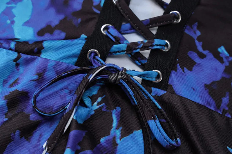 Dulzura Tie Dye Print Lace Up Side Slit Midi Dress For Women Ruffle Long Dress Bodycon Sexy Party Club Outfits 2024 Summer Y2K