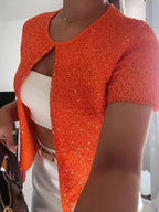 Elegant Sequined Orange Cardigans Women Y2k O-neck Short Sleeve One Button Female Tops 2025 Street Summer Lady Chic Knitwear
