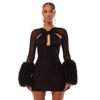 2025 Autumn Furry Patchwork Dress Women See Through Full Sleeve Sexy Hollow Cross Elegant Luxury Banquet Birthday Party Clubwear