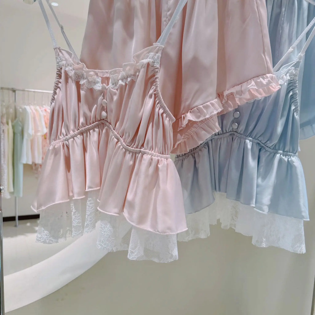 Blue Pajamas Set Elegant Home Clothes Ice Silk Sleepwear Women Loose Trousers Suit Four Seasons Loungewear Sexy Lace Nightgown