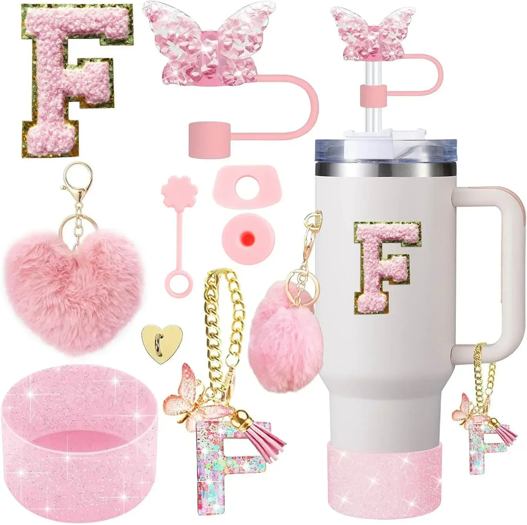 9PCS Accessory Set for Stanley Cup 30oz 40oz Butterfly Straw Cover Cap Silicone Boot Charm Initials Sticker Spill Proof Stopper