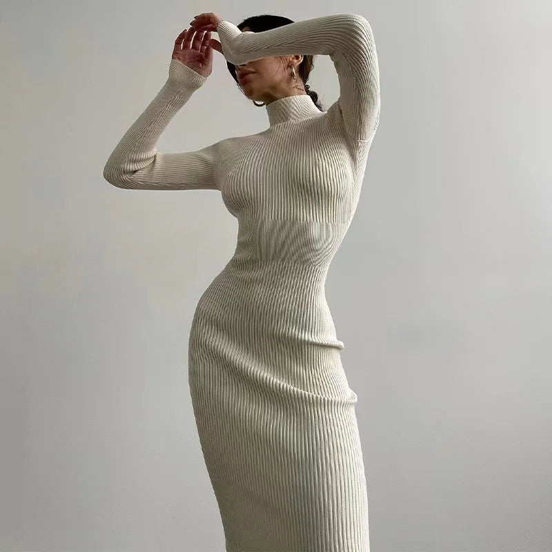 2024 New Autumn Knitted Turtleneck Dress Women Long Sleeve Bodycon Midi Dresses Female Elegant Fashion Solid Color Skinny Dress