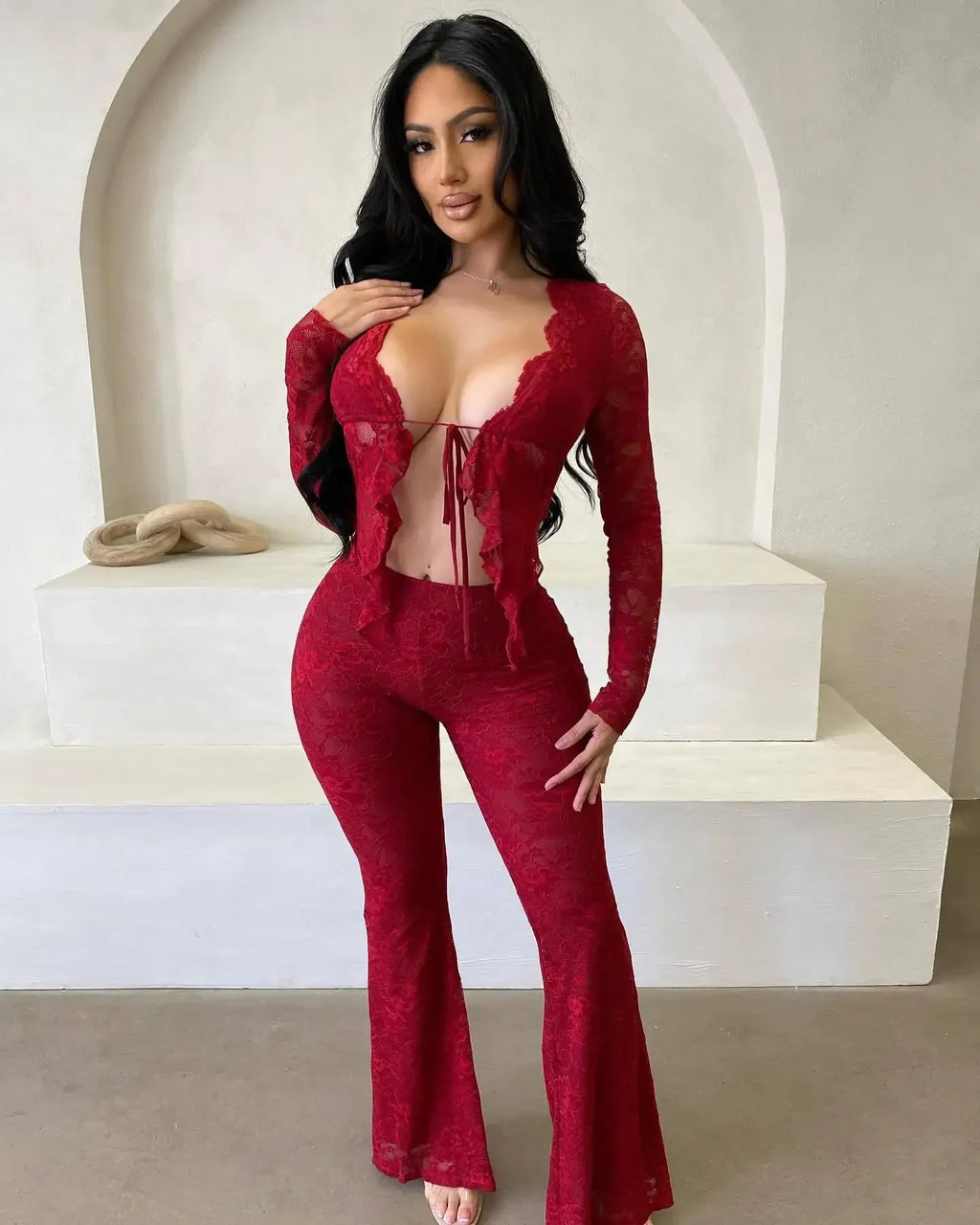 2025 Women's Set Long Sleeve Lace See Through Shirt + Long Pants Street Evening Sexy Two 2Piece Sets Outfits Tracksuit