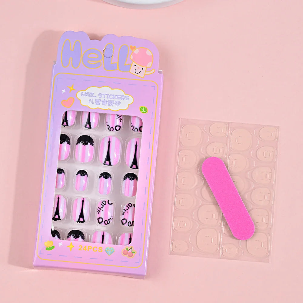 24Pcs Children Cartoon Nail Tips Colorful Cute Rabbit Pink Stars 6-14 Years old Girl Fake Nail With Jelly Glue Kids False Nail