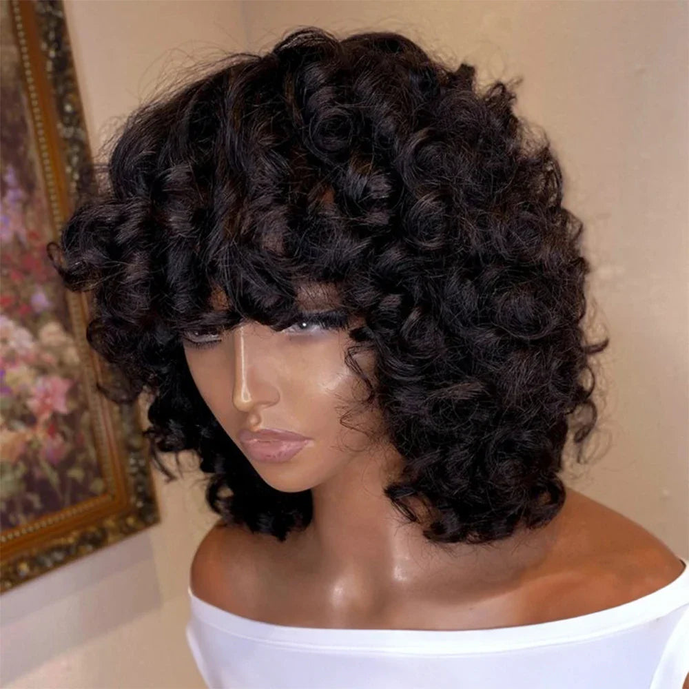 300% Pixie Cut Human Hair Wigs For Women Afro Rose Curly Funmi Glueless Wigs Human Hair Short Bouncy Curly Bob Wig With Bangs