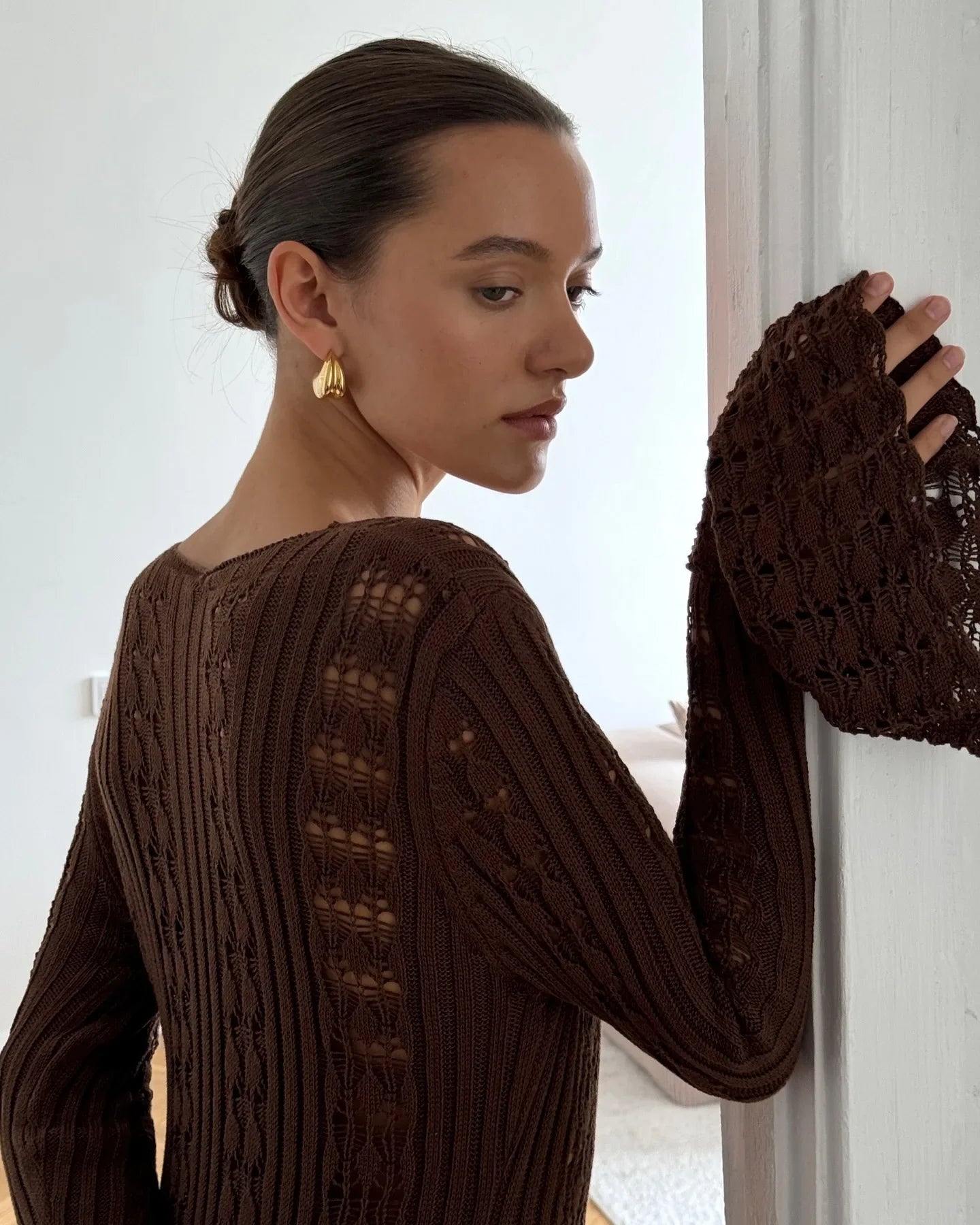 DSMTRC 2025 Holiday Knitted See-throught Cardigan Dress V Neck Long Flare Sleeves Leisure Long Trendy Single Breasted Autumn