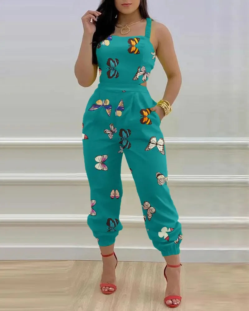Elegant Women's jumpsuit 2024 Summer Fashion Strap Hollow Sexy Off waist Printed jumpsuit