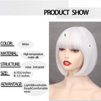 HAIRJOY Women Short  Straight  White Bob Wig with Bangs  Synthetic Hair for Daily Party Cosplay Halloween