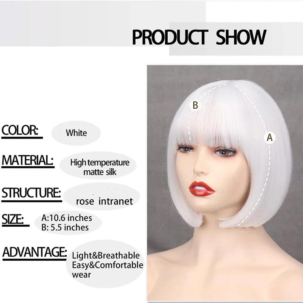HAIRJOY Women Short  Straight  White Bob Wig with Bangs  Synthetic Hair for Daily Party Cosplay Halloween