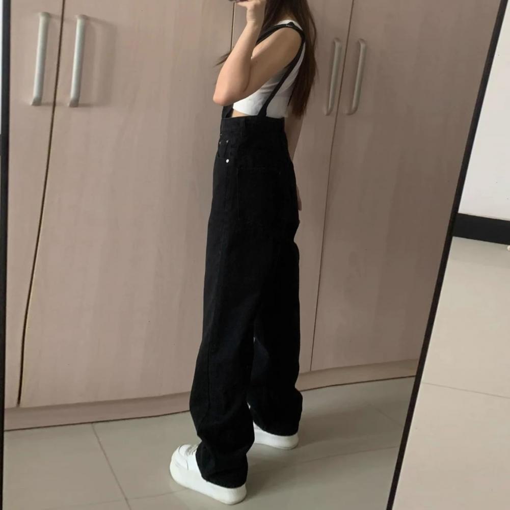Denim Jumpsuit Summer Women Vintage Preppy Style Pockets Loose Fit High Waist Wide Leg Overalls Streetwear Straight Jeans