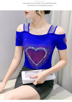 Aoxison Summer Short Sleeved Women's T-Shirt Elegant Slim Shiny Love Heart Diamonds Mesh Tops Chic Girl Sexy Off Shoulder Tees