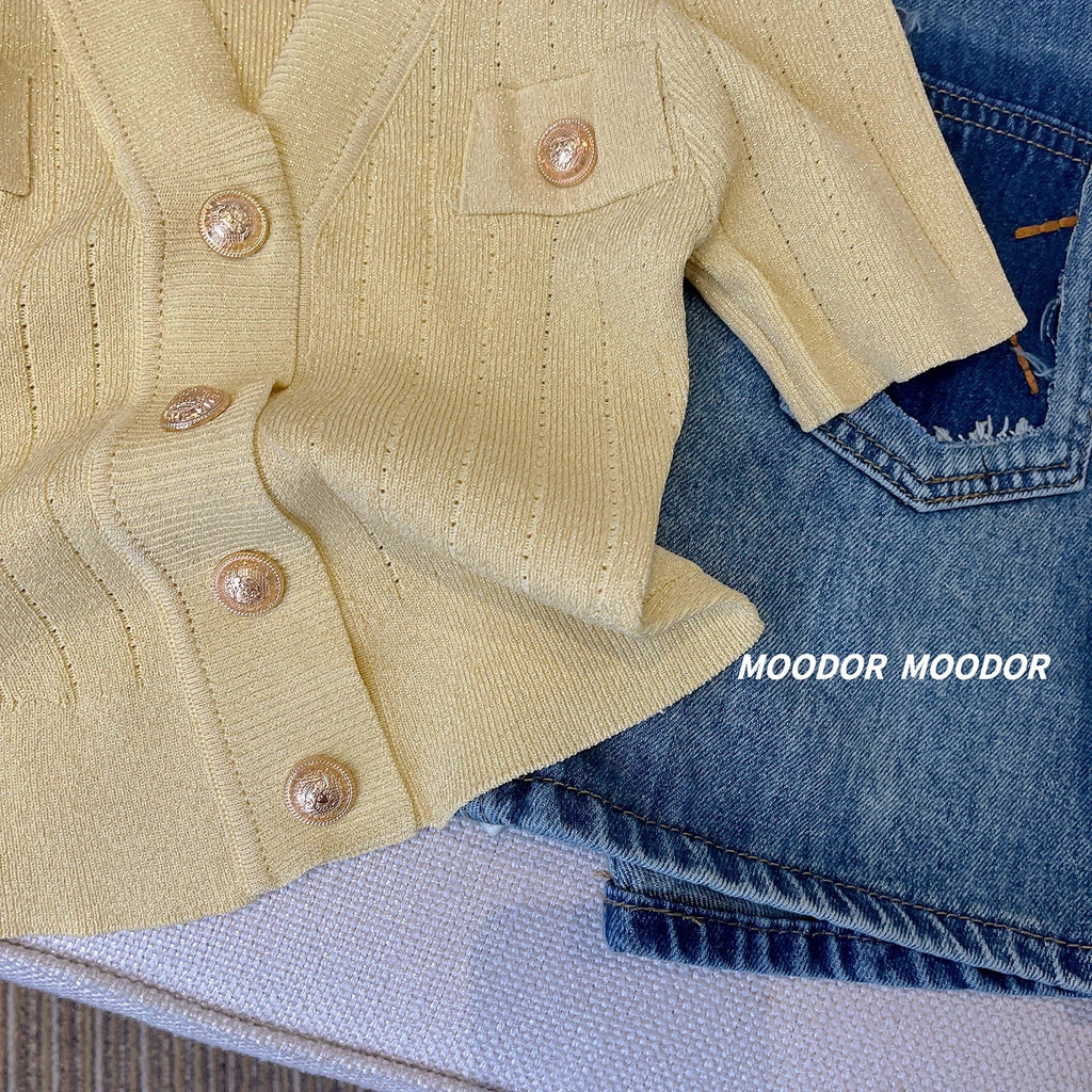 Elegant Gold Button Ice Silk Sweater Cardigan 2025 New Thin V-neck Knitted Short Sleeved Tee Women's Summer Hollow Slim Fit Top