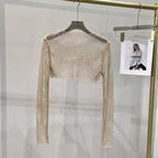 2023 new sexy bright diamond short top Slim thin Ms. hot drill long-sleeved T-shirt sexy leak waist nightclub