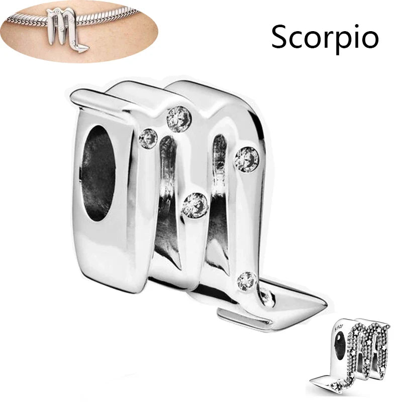 Authentic 925 Sterling Silver Sparkling Aries Leo Scorpio 12 Zodiac Signs Constellation Charm Beads Fit Pantaro Bracelet Jewelry