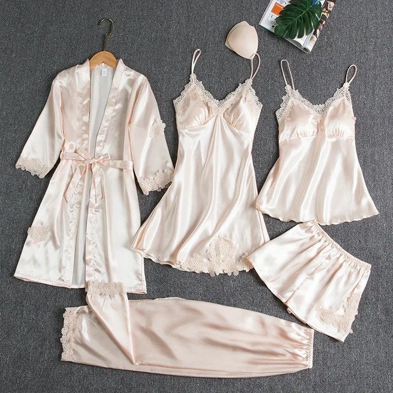 5PCS Women's Ice Silk Sexy Pajama Set Breathable Lace Satin Pajama Bathrobe Five Piece Set Casual Home Clothes Spring and Summer