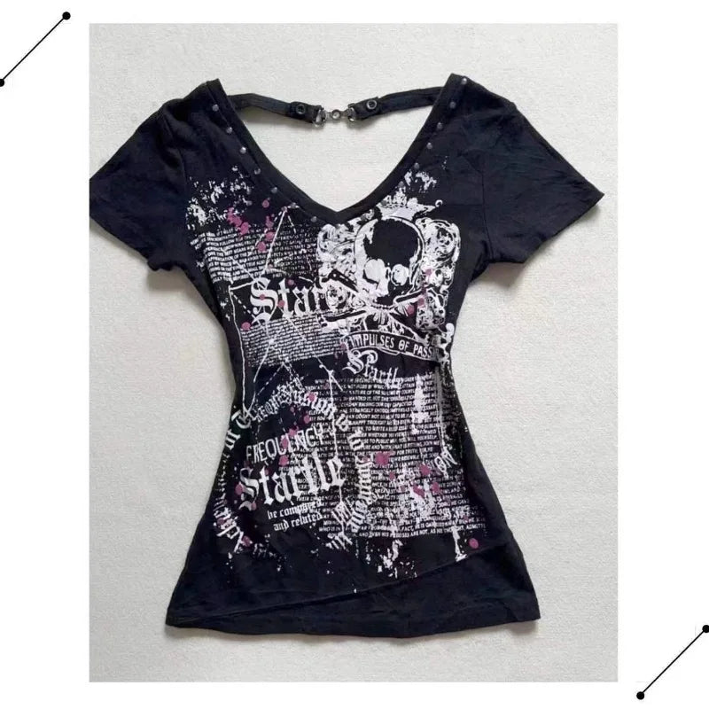 American Retro Sweetheart Red Lips Letter Print Slim Short-sleeved T-shirt Women Summer Fashion Street Hot Sexy Casual Top