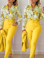 Autumn Winter Stand Neck Floral Print Long Sleeve Shirt Pants Two Piece Sets Elegant Women Casual Shirt Trousers Suits With Belt