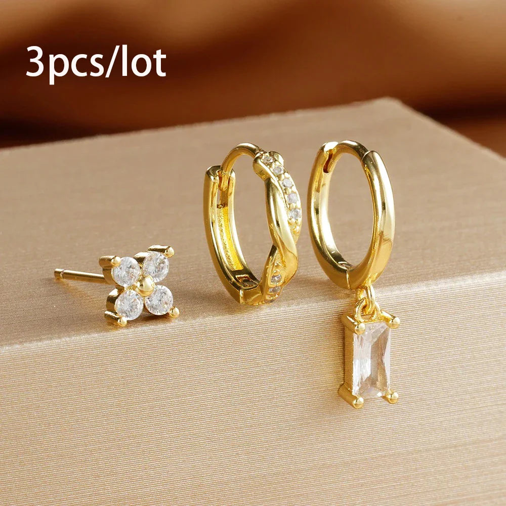 3PCS Fashion Stainless Steel Circle Hoop Earrings Set for Women 18K Gold Plated Zircon Pendant Square Earring Piercing Jewelry
