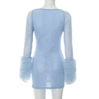 2025 Autumn Furry Patchwork Dress Women See Through Full Sleeve Sexy Hollow Cross Elegant Luxury Banquet Birthday Party Clubwear