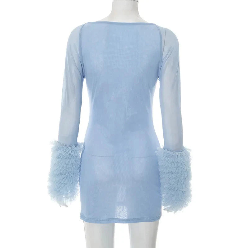 2025 Autumn Furry Patchwork Dress Women See Through Full Sleeve Sexy Hollow Cross Elegant Luxury Banquet Birthday Party Clubwear