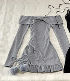 2024 High Street Two Piece Set Gray Slash Neck Long Sleeve Spliced Plested Dresses Y2k Aesthetic Vintage Lace Design Sling Dress