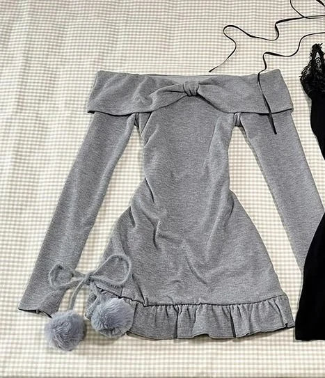 2024 High Street Two Piece Set Gray Slash Neck Long Sleeve Spliced Plested Dresses Y2k Aesthetic Vintage Lace Design Sling Dress