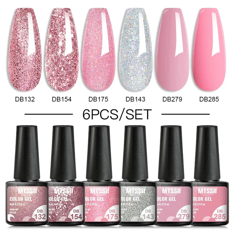 6PCS/SET Glitter Bright Pink Peach Gel Nail Polish Kit Spring Colorful Semi Permanent Soak Off Art UV Gel Varnish For Manicure