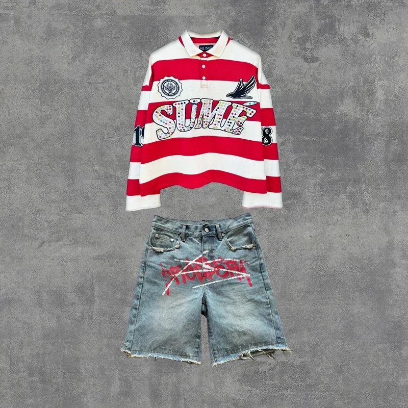Couple summer washing fashion rhinestone striped two-piece set of denim shorts original color casual printing five-point pants