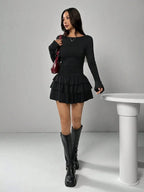 2025 Autumn Solid Slim Fit Cascading Ruffles Mini Dress Winter Women Elegant Flare Sleeve High Waist Sexy Party Bodycon Dresses