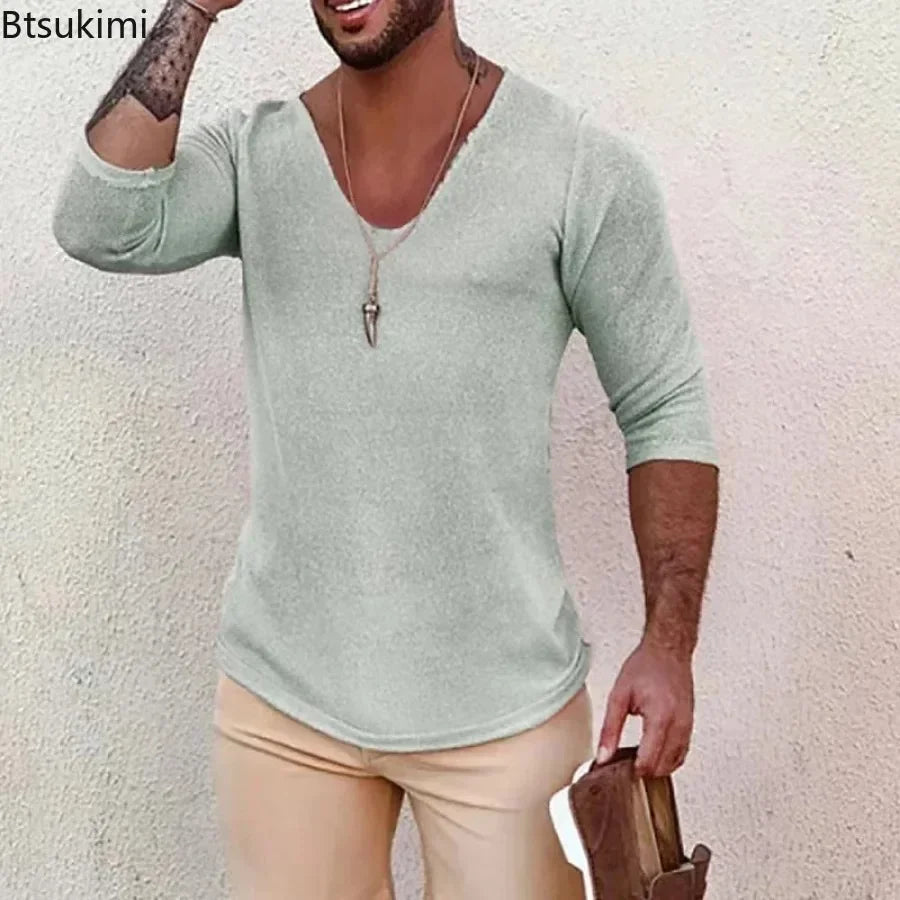 2025 Men's Casual Long Sleeve Kniited Sweaters Thin Style Mens Spring Autumn Clothing Solid V Neck Knitting Pullover Knit Tops
