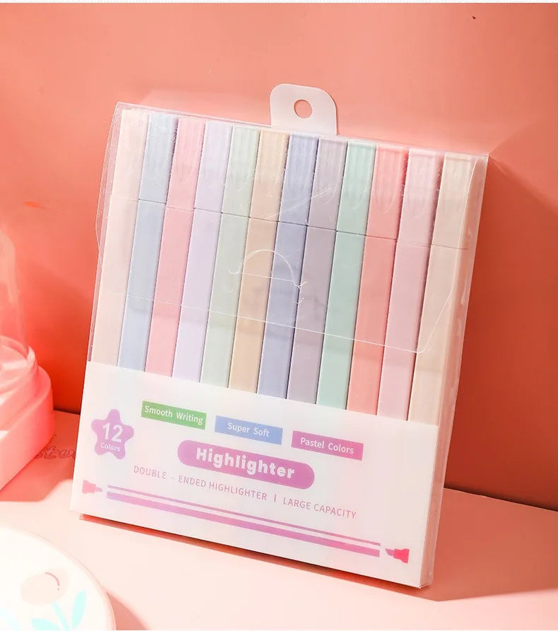 12 Pcs/Set Double Tip Highlighter Pens Kawaii Manga Markers Midliner Pastel Gel Set Stationery Journal School office Supplies