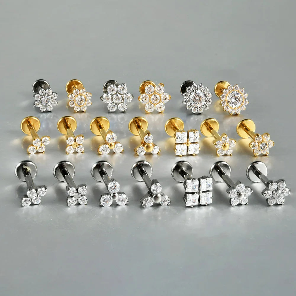 1PC ASTM F136 Titanium Flower CZ Labret Stud Internal Thread Piercing Lip Stud Daith Conch Earring Piercing Jewelry Wholesale