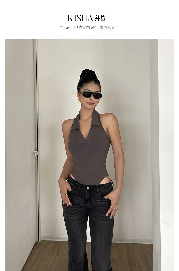 American Style Spicy Girl Sleeveless Polo Neck Solid Bodysuits Women's 2024 Summer New Sexy Backless High Waisted Slim Top Q29N